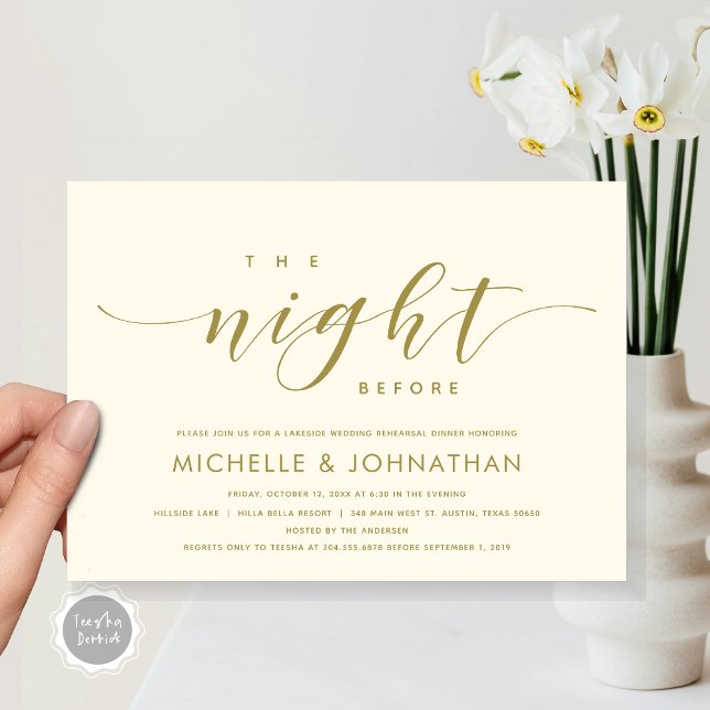 The Night Before, Modern Wedding Rehearsal Dinner  Invitation (The Night Before, Modern Wedding Rehearsal Dinner Invitation Card, Printed and File, in Gold.)
