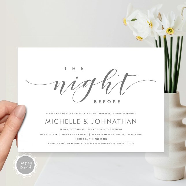 The Night Before, Modern Wedding Rehearsal Dinner  Invitation (The Night Before, Modern Wedding Rehearsal Dinner Invitation Card, Printed and File, in Dark Grey.)