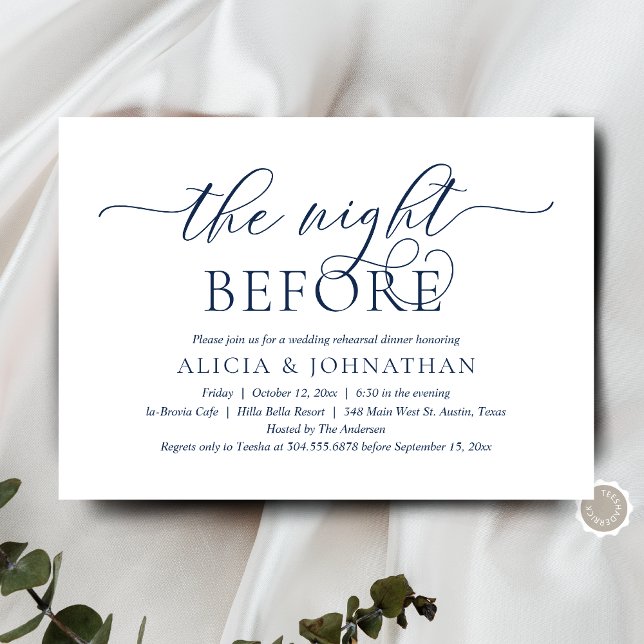 The Night Before, Modern Wedding Rehearsal Dinner Invitation (The Night Before, Wedding Rehearsal Dinner Invitation Card, in Modern Contemporary Classy Navy Blue)