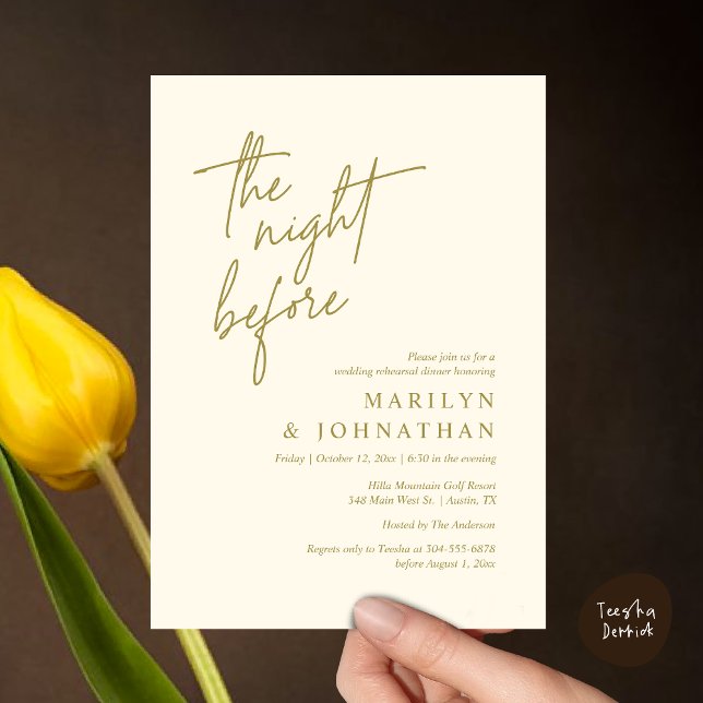 The Night Before, Modern Wedding Rehearsal Dinner Invitation (The Night Before, Modern Wedding Rehearsal Dinner Invitation Card PDF in Classy Yellow Gold)
