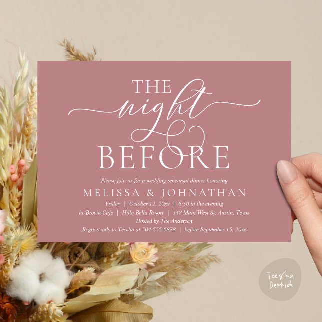 The Night Before, Modern Wedding Rehearsal Dinner Invitation (The Night Before, Modern Wedding Rehearsal Dinner Party Invitation Card, PDF, Dusty Rose Pink)