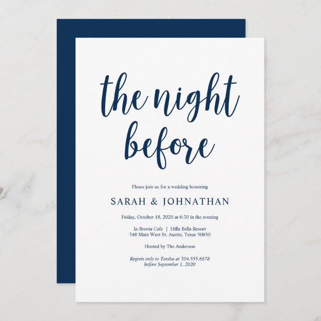 The night before, Navy Blue, Rehearsal Dinner Invitation (Front/Back)