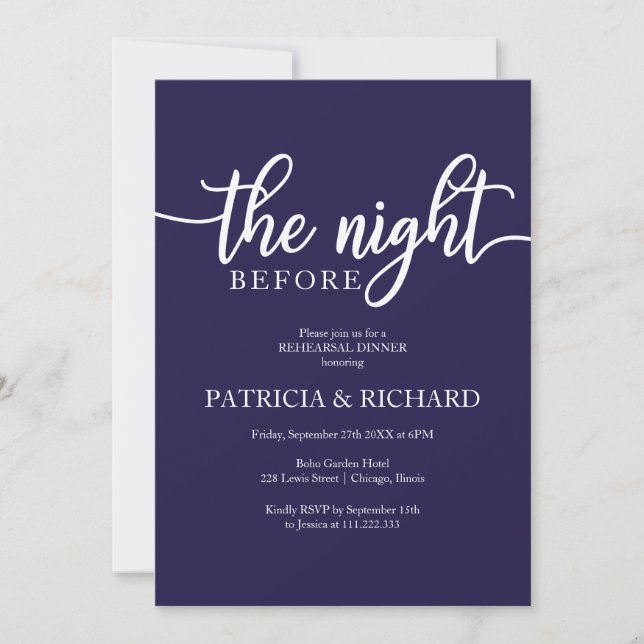 The Night Before Navy Blue Rehearsal Dinner Invitation (Front)