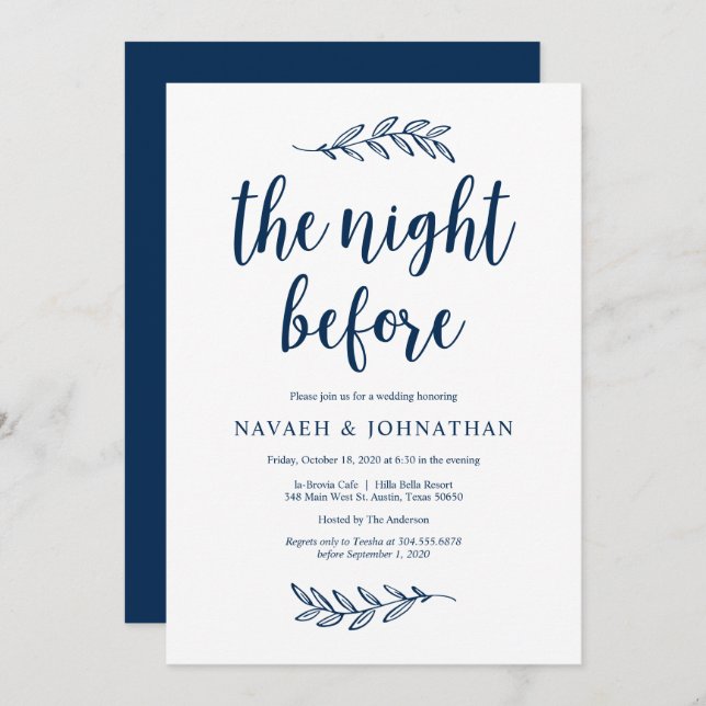 The night before, Navy Blue, Wed Rehearsal Dinner Invitation (Front/Back)
