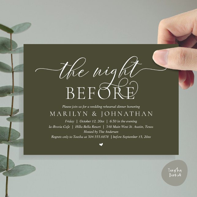The Night Before, Perfect Wedding Rehearsal Dinner Invitation (The Night Before, Perfect Wedding Rehearsal Dinner Modern Classy Invitation Card, PDF, Olive Green)