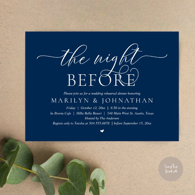 The Night Before, Perfect Wedding Rehearsal Dinner Invitation (The Night Before, Perfect Wedding Rehearsal Dinner Modern Classy Invitation Card, PDF, Navy Blue)
