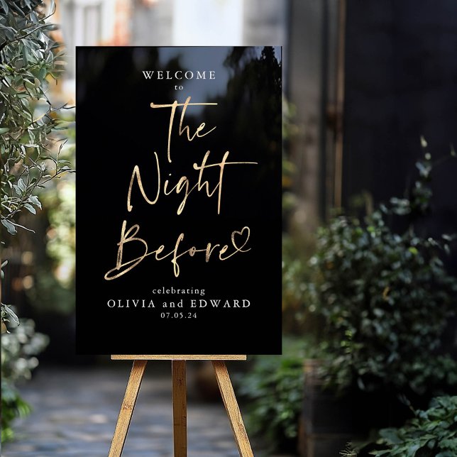 The Night Before Rehearsal Dinner Black Welcome Acrylic Sign (The Night Before Modern Black and Gold Rehearsal Dinner Welcome Sign)