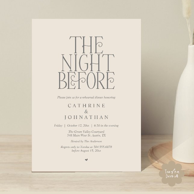 "The Night Before" Rehearsal Dinner Grey Cream Invitation (Minimalist "The Night Before" Rehearsal Dinner Invitation Card in Cream Grey)
