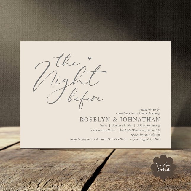 The Night Before Romantic Wedding Rehearsal Dinner Invitation (The Night Before Romantic Wedding Rehearsal Dinner Little heart Invitation Card PDF Cream Grey)