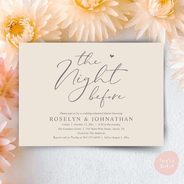 The Night Before Romantic Wedding Rehearsal Dinner Invitation (The Night Before Romantic Wedding Rehearsal Dinner Little heart Invitation Card PDF Cream Grey)