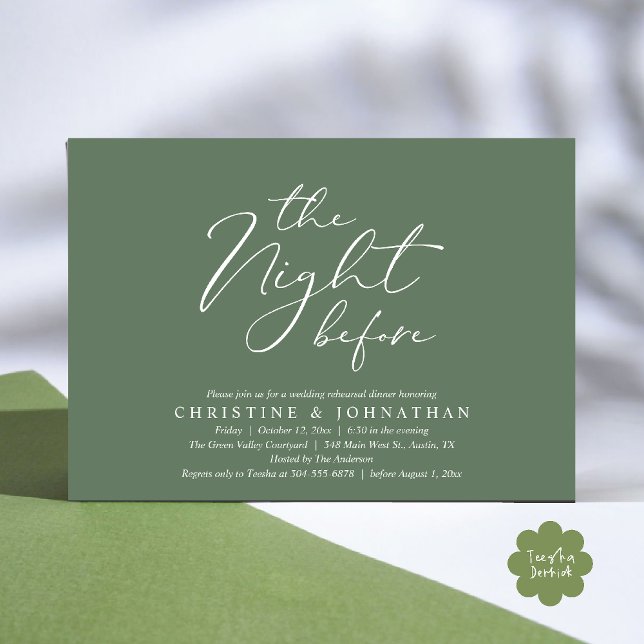 The Night Before Romantic Wedding Rehearsal Dinner Invitation (The Night Before Romantic Wedding Modern Rehearsal Dinner Invites Card Hosted Parents Sage Green)
