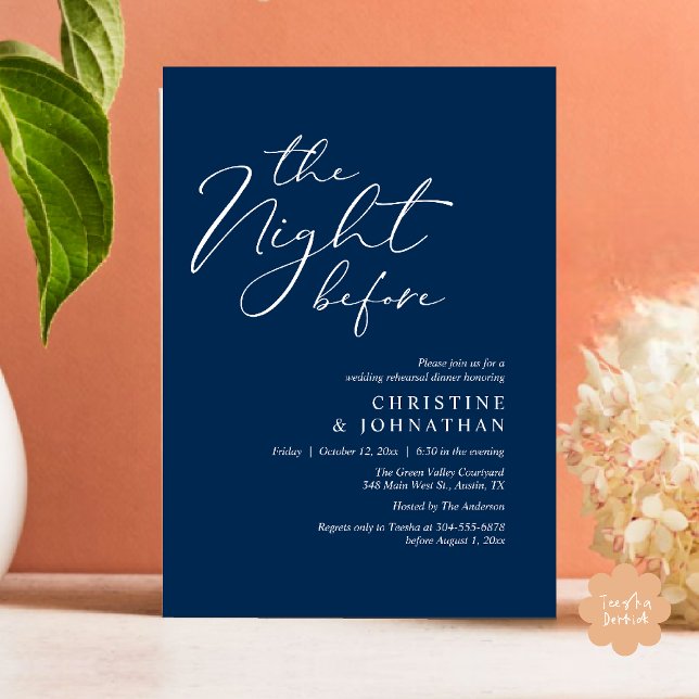 The Night Before Romantic Wedding Rehearsal Dinner Invitation (The Night Before Romantic Wedding Modern Rehearsal Dinner Invites Card Hosted Parents Navy Blue)