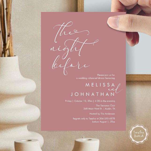 The Night Before Romantic Wedding Rehearsal Dinner Invitation (The Night Before, Romantic Wedding Rehearsal Dinner Invitation Card, PDF, Dusty Rose Pink)