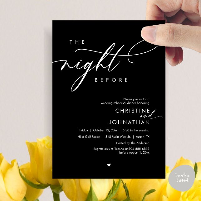 The Night Before Romantic Wedding Rehearsal Dinner Invitation (Modern Romantic The Night Before, Wedding Rehearsal Dinner Invitation Card, PDF, in Classy Black)