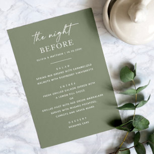 The night before. Sage green rehearsal dinner Menu