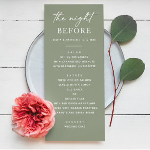 The night before. Sage green rehearsal dinner Menu