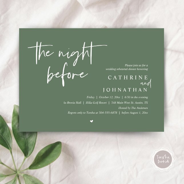 The night before, Wedding Rehearsal Dinner Invitation (The night before, Wedding Rehearsal Dinner Invitation Card, PDF, in Forest Sage Green)