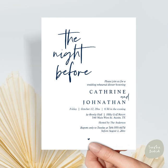 The night before, Wedding Rehearsal Dinner Invitation (The night before, Modern Wedding Rehearsal Dinner Invitation Card, PDF, in Navy Blue)