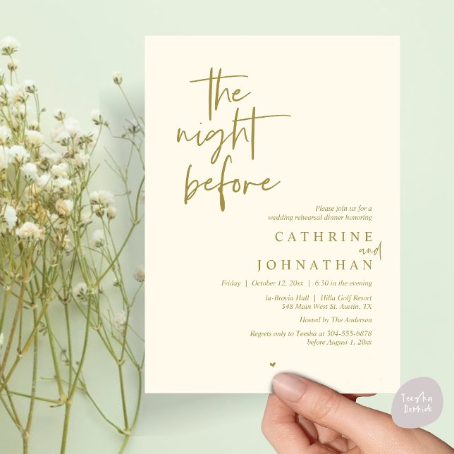 The night before, Wedding Rehearsal Dinner Invitation (The night before, Modern Wedding Rehearsal Dinner Invitation Card, PDF, in yellow gold)