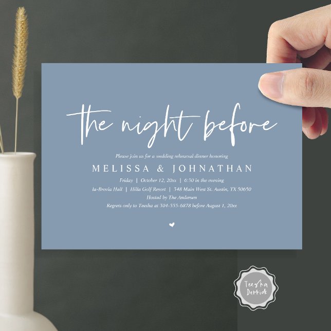 The Night Before, Wedding Rehearsal Dinner Invitation (The Night Before, Wedding Rehearsal Dinner Invitation Card, Modern Casual Script, in dusty blue)
