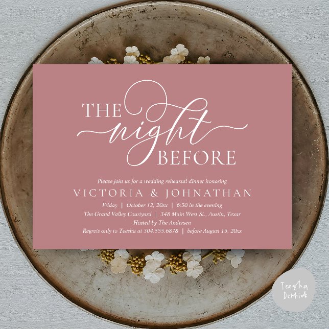 The Night Before, Wedding Rehearsal Dinner Party Invitation (The Night Before, Wedding Rehearsal Dinner Party Classy Romantic Invitation Card PDF Dusty Rose Pink)