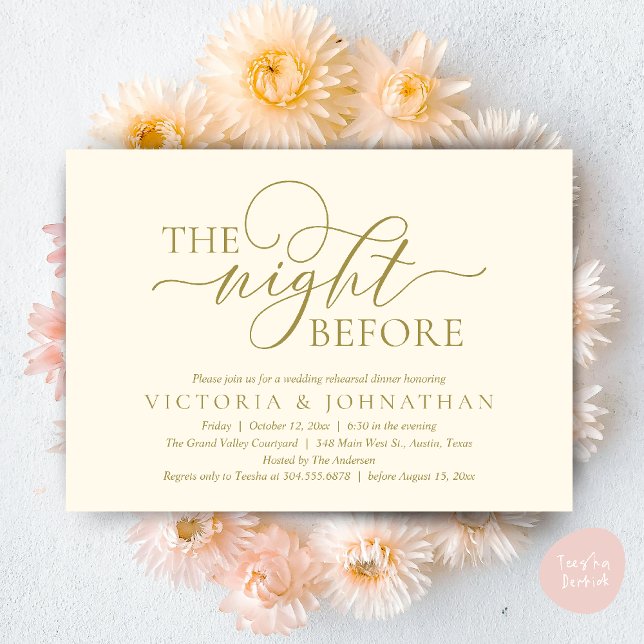 The Night Before, Wedding Rehearsal Dinner Party Invitation (The Night Before, Wedding Rehearsal Dinner Party Classy Romantic Invitation Card PDF Yellow Gold)