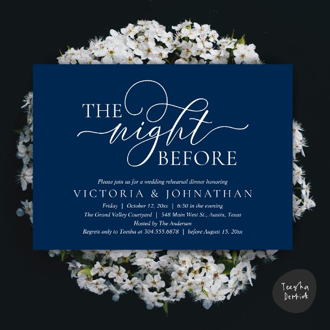 The Night Before, Wedding Rehearsal Dinner Party Invitation (The Night Before, Wedding Rehearsal Dinner Party Classy Romantic Invitation Card PDF Navy Blue)
