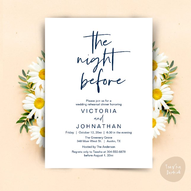 The Night Before, Wedding Rehearsal Dinner Party Invitation (The Night Before, Wedding Rehearsal Dinner Party Invites Card PDF Romantic Modern Casual Navy Blue)