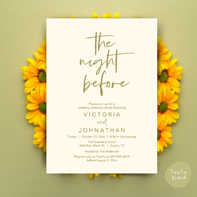 The Night Before, Wedding Rehearsal Dinner Party Invitation (The Night Before, Wedding Rehearsal Dinner Party Invites Card PDF Romantic Modern Casual Yellow Gold)