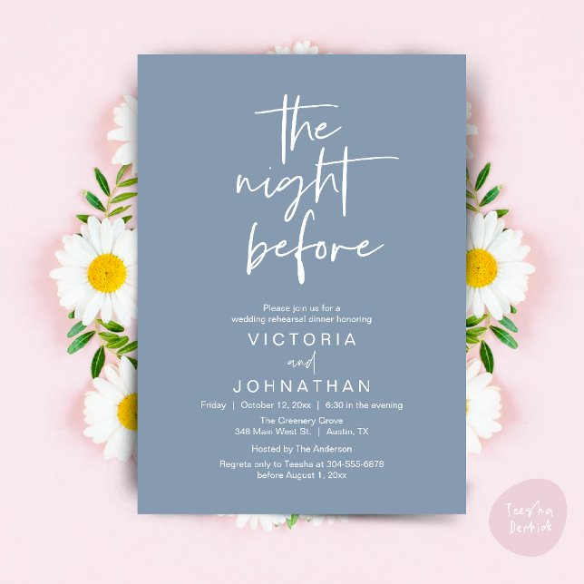The Night Before, Wedding Rehearsal Dinner Party Invitation (The Night Before, Wedding Rehearsal Dinner Party Invites Card PDF Romantic Modern Casual Dusty Blue)