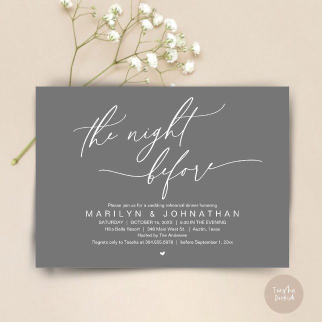 The Night Before, Wedding Rehearsal Dinner Party Invitation (The Night Before, Romantic Modern Wedding Rehearsal Dinner Party Invitation Card PDF Dark Grey)