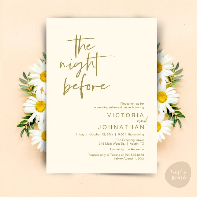 The Night Before, Wedding Rehearsal Party Dinner Invitation (The Night Before, Wedding Rehearsal Dinner Party Invites Card PDF Romantic Modern Casual Yellow Gold)