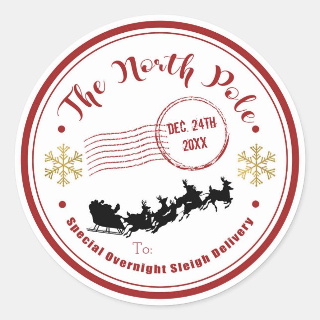 The North Pole Sleigh Overnight Delivery Christmas Classic Round Sticker (Front)