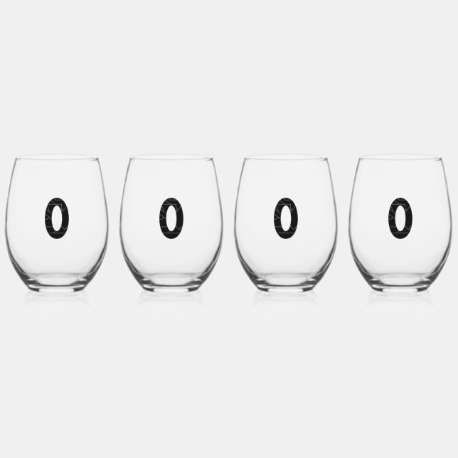 The number zero (0) in black stemless wine glass (Front)