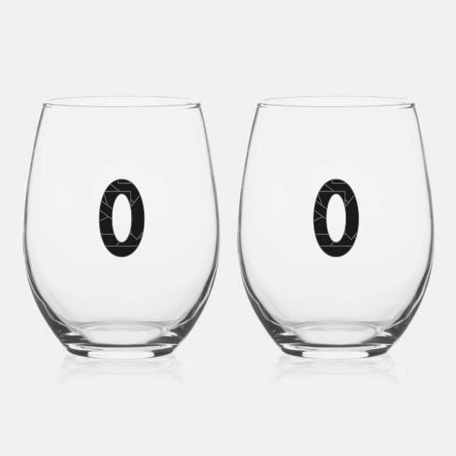 The number zero (0) in black stemless wine glass (Front)