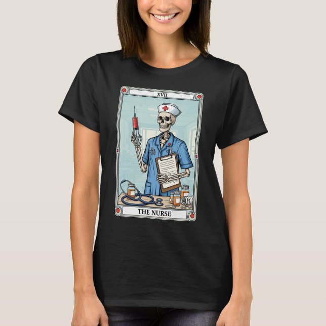 The Nurse Skeleton Tarot Card Halloween Medical T-Shirt (Front)