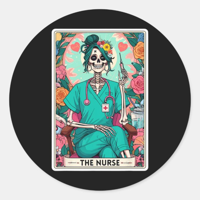 The Nurse Tarot Card Funny Skeleton Nurse Witchy M Classic Round Sticker (Front)