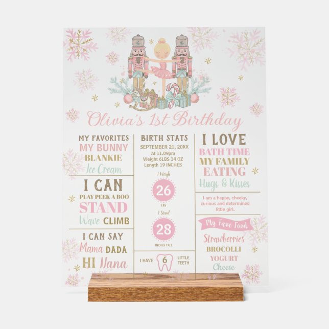 The Nutcracker 1st Birthday Milestone Birth Stats  Acrylic Sign (Front)