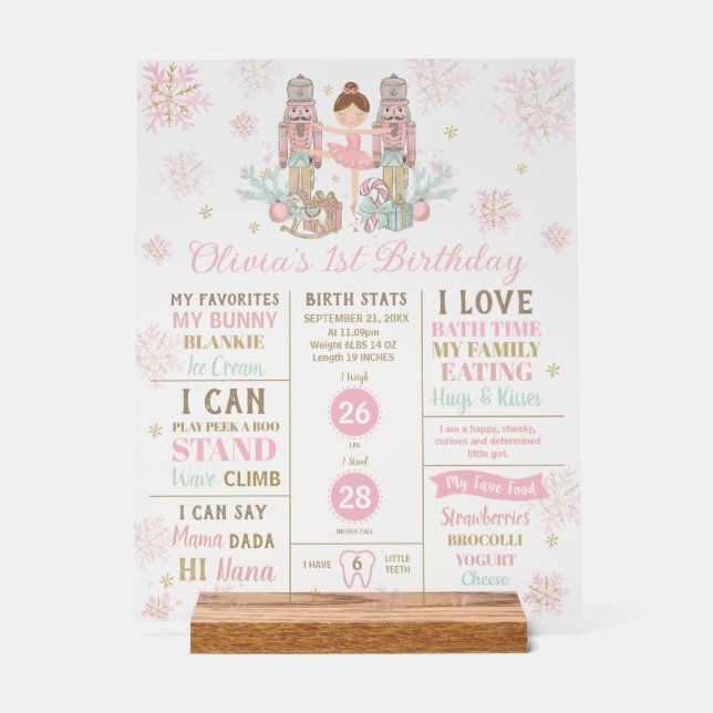 The Nutcracker 1st Birthday Milestone Birth Stats  Acrylic Sign (Front)