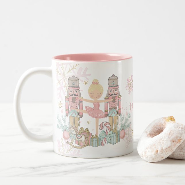 The Nutcracker Ballet Pastel Blush Pink Christmas  Two-Tone Coffee Mug (With Donut)