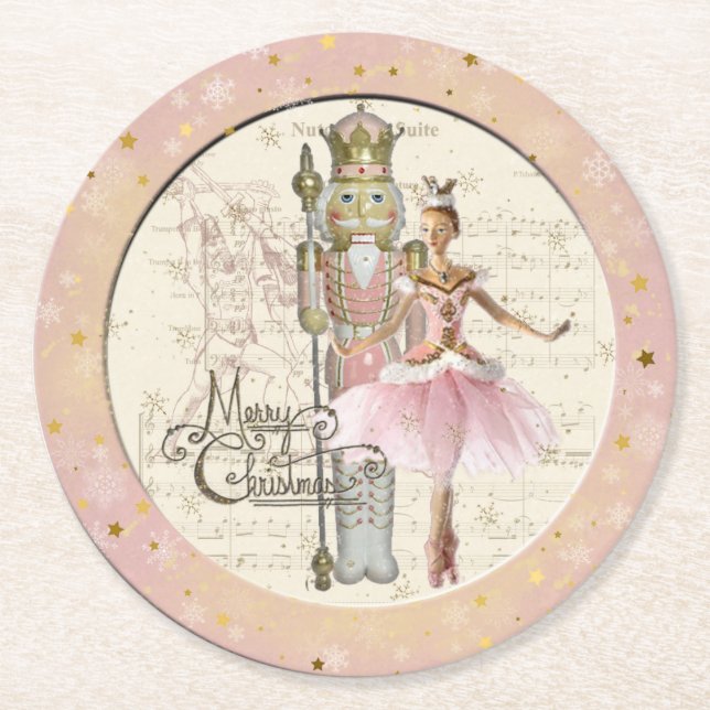The Nutcracker Suite - Ballerina & Nutcracker Pink Round Paper Coaster (Front)