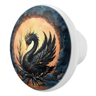 The Obsidian Swan of Moonlit Grace. Ceramic Knob