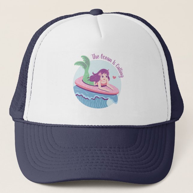 The Ocean Is Calling Mermaid Surfer Riding Waves Trucker Hat (Front)