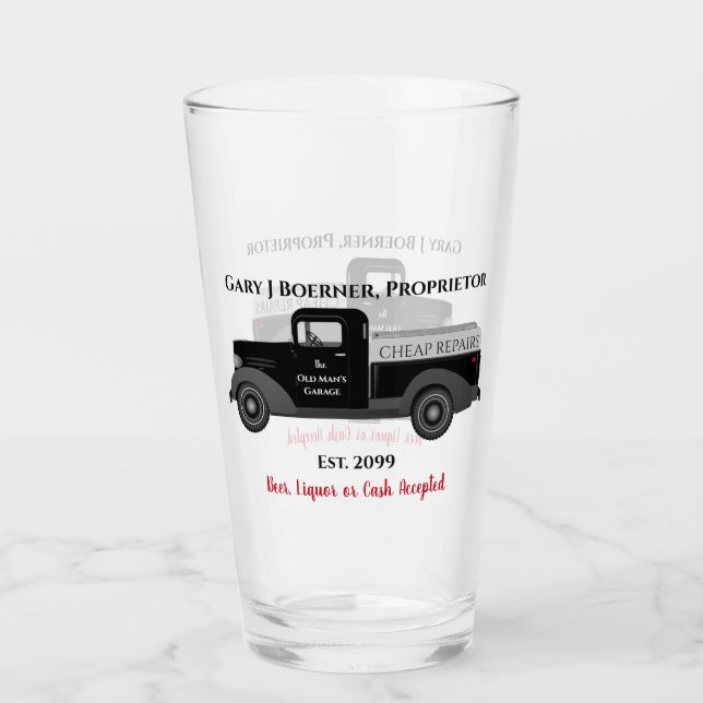 The Old Man Garage Pint Beer Soda Glass (Front)