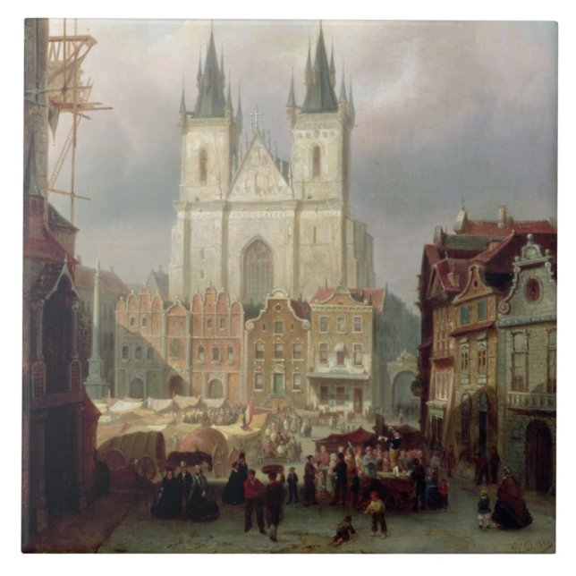 The Old Market Place at Prague, 1881 (oil on canva Ceramic Tile (Front)
