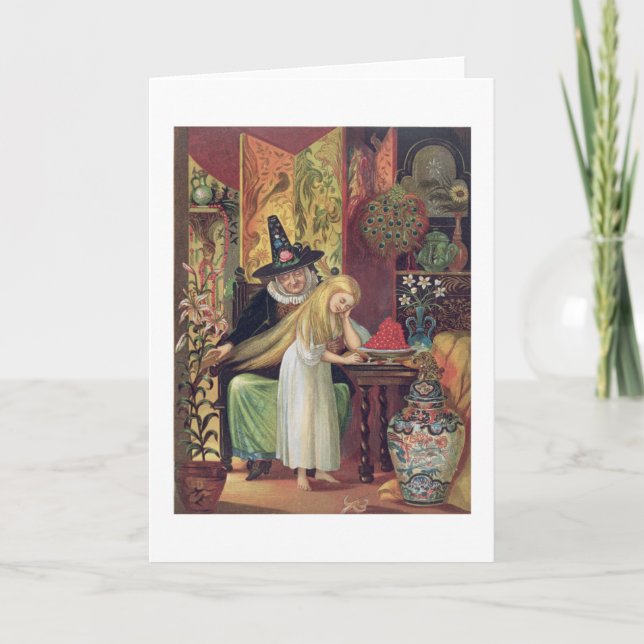 The Old Witch combing Gerda's hair with a golden c Card (Front)