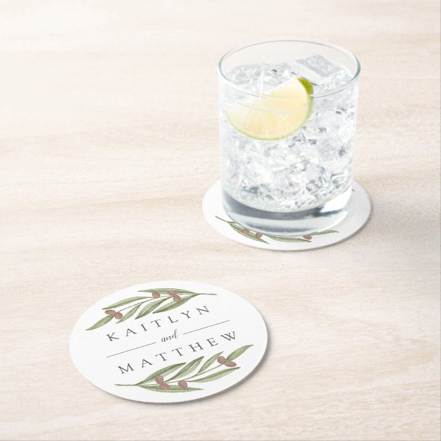 The Olive Branch Wedding Collection Round Paper Coaster (Insitu)
