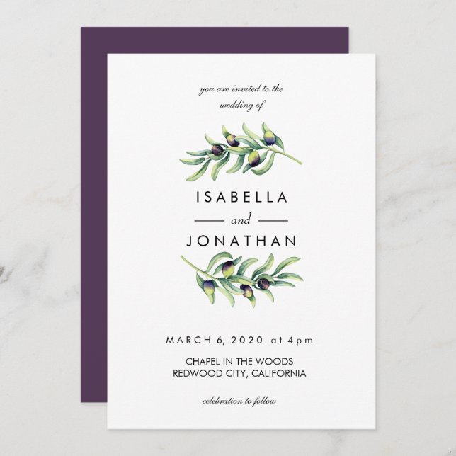 The Olive Grove | Two Branches rustic wedding Invitation (Front/Back)