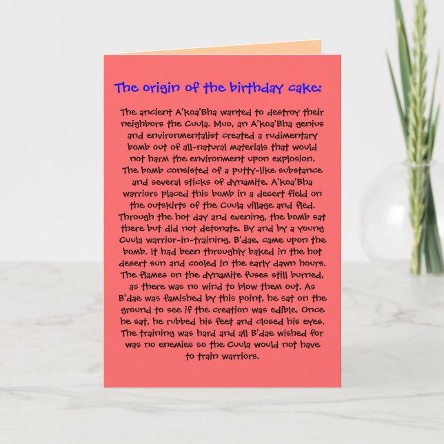 The Origin of the Birthday Cake Birthday Card (Front)