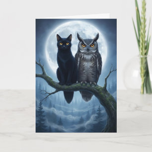 The Owl And The Black Cat Halloween Card